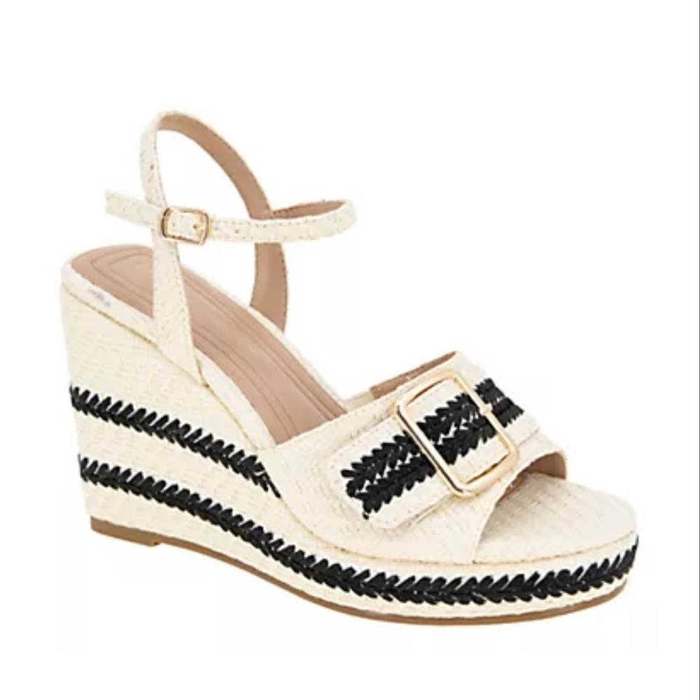 BCBGeneration Elo Cream and Black Wedge Sandals